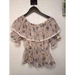 Floral Off The Shoulder Smocked Peplum Blouse with Crochet‎ Lace Trim Tan